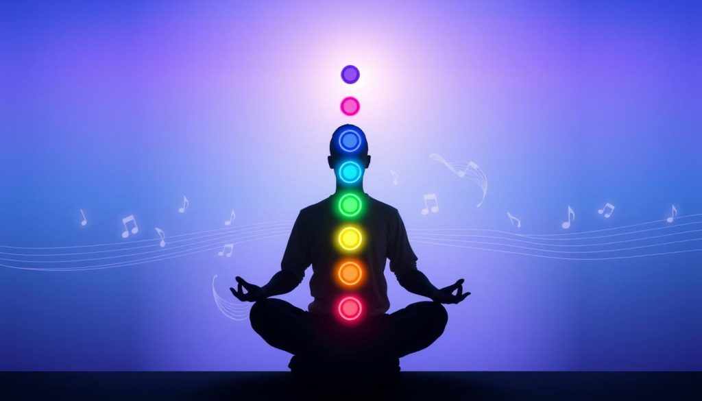 A serene and colorful depiction of chakras, aligned vertically along a human silhouette centered in the image. The background features a soft gradient transitioning from deep indigo at the bottom to vibrant white at the top, symbolizing energy flow. Each chakra is represented by its unique color and symbol, glowing radiantly. The foreground includes soft light emanating from the chakras, creating a divine aura around the figure. The silhouette is in a peaceful meditative pose, dressed in modest casual clothing. Delicate, ethereal motifs of soundwaves in pastel hues swirl around the chakras, representing musical notes and their energy. The overall mood conveys harmony, balance, and spiritual awakening, with soft lighting enhancing the tranquil atmosphere. The image captures the essence of musical notes and their energetic benefits as related to chakra healing. A serene and colorful depiction of chakras, aligned vertically along a human silhouette centered in the image. The background features a soft gradient transitioning from deep indigo at the bottom to vibrant white at the top, symbolizing energy flow. Each chakra is represented by its unique color and symbol, glowing radiantly. The foreground includes soft light emanating from the chakras, creating a divine aura around the figure. The silhouette is in a peaceful meditative pose, dressed in modest casual clothing. Delicate, ethereal motifs of soundwaves in pastel hues swirl around the chakras, representing musical notes and their energy. The overall mood conveys harmony, balance, and spiritual awakening, with soft lighting enhancing the tranquil atmosphere. The image captures the essence of musical notes and their energetic benefits as related to chakra healing.