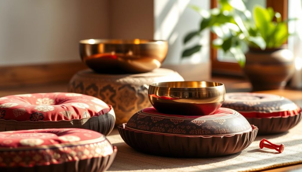 A serene and inviting display of classic stuffed cushions designed for Tibetan singing bowls. The foreground features two beautifully crafted round cushions, rich in color, with intricate traditional patterns and soft textures. One cushion is slightly elevated, showcasing its plush form, while the other is laid flat, hinting at its cozy depth. In the middle ground, a finely polished wooden Tibetan bowl rests atop the cushions, reflecting warm, soft light that highlights its metallic sheen. The background is softly blurred, resembling a tranquil meditation space, with muted tones of beige and green, creating a peaceful and serene ambiance. Natural sunlight filters in, casting gentle shadows, contributing to an atmosphere of calm and mindfulness. A serene and inviting display of classic stuffed cushions designed for Tibetan singing bowls. The foreground features two beautifully crafted round cushions, rich in color, with intricate traditional patterns and soft textures. One cushion is slightly elevated, showcasing its plush form, while the other is laid flat, hinting at its cozy depth. In the middle ground, a finely polished wooden Tibetan bowl rests atop the cushions, reflecting warm, soft light that highlights its metallic sheen. The background is softly blurred, resembling a tranquil meditation space, with muted tones of beige and green, creating a peaceful and serene ambiance. Natural sunlight filters in, casting gentle shadows, contributing to an atmosphere of calm and mindfulness.