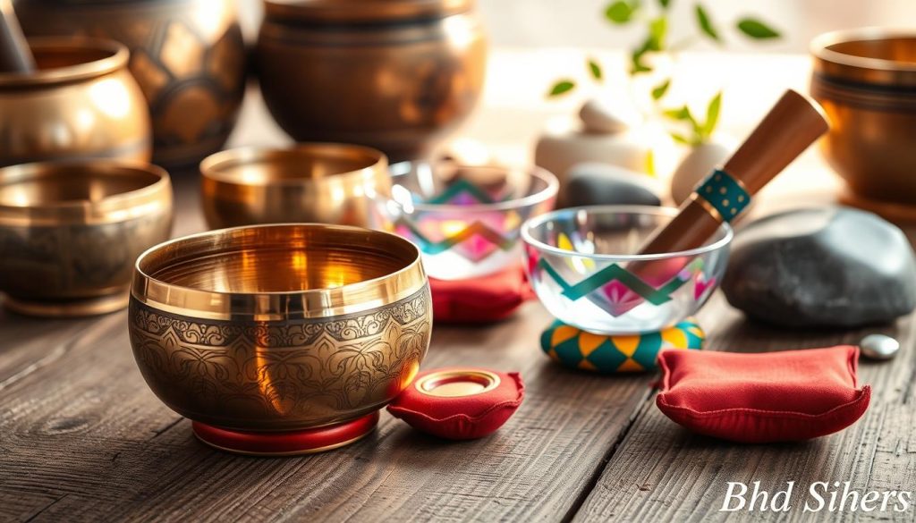 A serene display of various singing bowls made from different materials—brass, crystal, and bronze—arranged artistically on a textured wooden surface. In the foreground, focus on a beautifully crafted bronze bowl with intricate engravings, catching soft, warm light, emphasizing its rich, polished tone. The middle area showcases a delicate crystal bowl, reflecting light in a rainbow of colors, accompanied by a wooden mallet and small, colorful cushions. In the background, a soft-focus arrangement of more bowls and natural elements like smooth stones and green plants, creating a peaceful, meditative atmosphere. The setting is illuminated by gentle, natural light that enhances the tranquil mood, inviting the viewer to explore the significance of materials and sizes in the world of Tibetan singing bowls. A serene display of various singing bowls made from different materials—brass, crystal, and bronze—arranged artistically on a textured wooden surface. In the foreground, focus on a beautifully crafted bronze bowl with intricate engravings, catching soft, warm light, emphasizing its rich, polished tone. The middle area showcases a delicate crystal bowl, reflecting light in a rainbow of colors, accompanied by a wooden mallet and small, colorful cushions. In the background, a soft-focus arrangement of more bowls and natural elements like smooth stones and green plants, creating a peaceful, meditative atmosphere. The setting is illuminated by gentle, natural light that enhances the tranquil mood, inviting the viewer to explore the significance of materials and sizes in the world of Tibetan singing bowls.