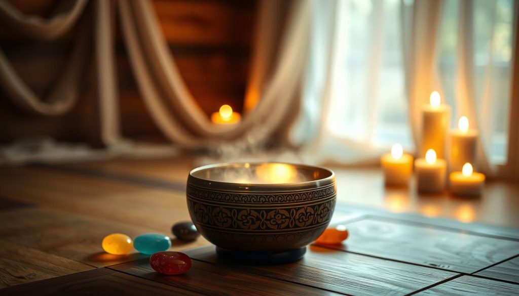 A serene scene depicting a Tibetan singing bowl placed on a natural wooden surface, radiating a soft, ethereal glow. The bowl is filled with intricate carvings and is surrounded by colorful chakra stones, each representing a different energy center. In the background, a gently blurred image of a peaceful meditation space, featuring flowing drapes and warm candlelight, enhances the calm atmosphere. The lighting is soft and diffused, casting gentle shadows that create a sense of tranquility. A focused angle captures the unique design of the singing bowl while hinting at the spiritual connection to sound healing. The overall mood is reflective and harmonious, inviting the viewer to explore the process of identifying musical notes for chakra alignment. A serene scene depicting a Tibetan singing bowl placed on a natural wooden surface, radiating a soft, ethereal glow. The bowl is filled with intricate carvings and is surrounded by colorful chakra stones, each representing a different energy center. In the background, a gently blurred image of a peaceful meditation space, featuring flowing drapes and warm candlelight, enhances the calm atmosphere. The lighting is soft and diffused, casting gentle shadows that create a sense of tranquility. A focused angle captures the unique design of the singing bowl while hinting at the spiritual connection to sound healing. The overall mood is reflective and harmonious, inviting the viewer to explore the process of identifying musical notes for chakra alignment.