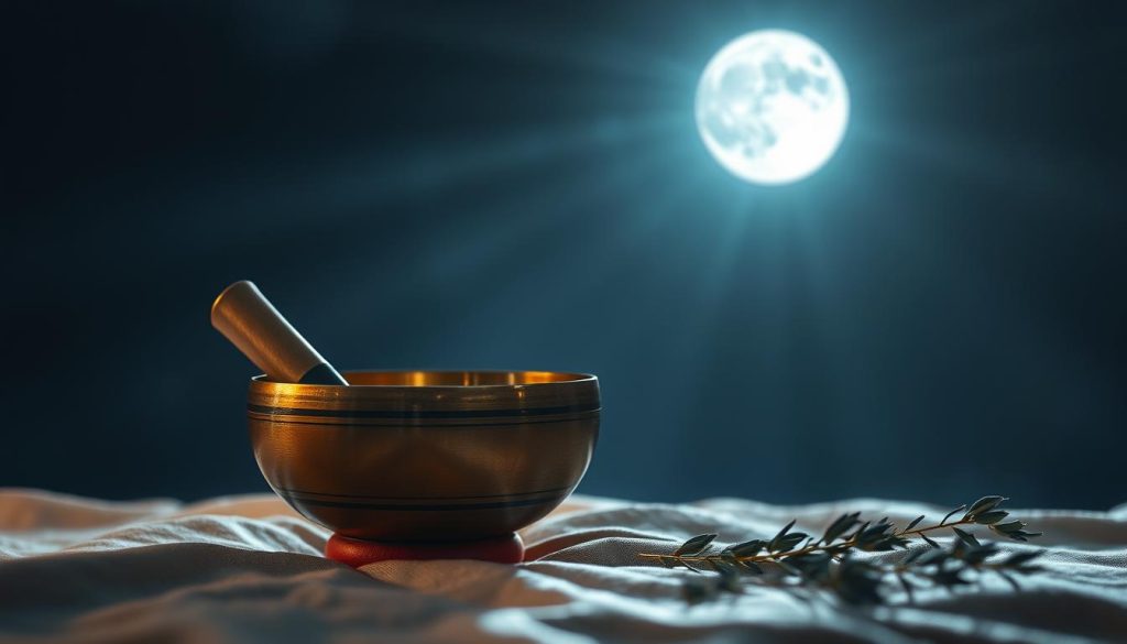 A serene scene featuring a beautifully crafted Tibetan singing bowl placed in the foreground on a soft, natural fabric. The bowl shimmers under the gentle light of a full moon, casting delicate reflections on its surface. Soft, ethereal beams of moonlight filter in from a dark, starry sky in the background, creating an atmosphere of tranquility and introspection. Surrounding the bowl, delicate sage leaves lie scattered, symbolizing purification. The mood is peaceful and meditative, inviting a sense of calm and balance. Capture this with a shallow depth of field, focusing sharply on the bowl, while allowing the background to blur gently. Use a soft color palette with cool blues and silvers to enhance the serene ambiance.