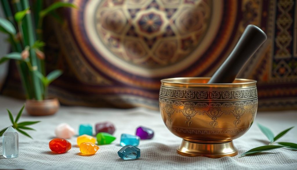 A serene scene featuring an intricately designed Tibetan singing bowl, prominently displayed in the foreground. The bowl is polished brass, adorned with traditional engravings symbolizing the chakras, reflecting soft, warm light that creates a gentle glow. Surrounding the bowl, vibrant crystals and essences representing different chakra colors—red, orange, yellow, green, blue, indigo, and violet—are scattered on a textured, earthy fabric. In the middle ground, subtle hints of nature, like bamboo and soft green leaves, hint at a peaceful ambiance. The background features a softly blurred tapestry with sacred geometry patterns, enhancing the spiritual atmosphere. The overall mood is tranquil and meditative, inviting reflection on chakra harmony. The composition is lit with soft, diffused lighting to create a calming effect. A serene scene featuring an intricately designed Tibetan singing bowl, prominently displayed in the foreground. The bowl is polished brass, adorned with traditional engravings symbolizing the chakras, reflecting soft, warm light that creates a gentle glow. Surrounding the bowl, vibrant crystals and essences representing different chakra colors—red, orange, yellow, green, blue, indigo, and violet—are scattered on a textured, earthy fabric. In the middle ground, subtle hints of nature, like bamboo and soft green leaves, hint at a peaceful ambiance. The background features a softly blurred tapestry with sacred geometry patterns, enhancing the spiritual atmosphere. The overall mood is tranquil and meditative, inviting reflection on chakra harmony. The composition is lit with soft, diffused lighting to create a calming effect.