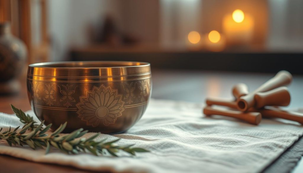 A serene scene focusing on a beautifully crafted Tibetan singing bowl placed on a soft, textured cloth. The bowl is polished to a radiant shine, reflecting warm light, highlighting the intricate engravings and patterns on its surface. Surrounding the bowl, delicate sage leaves and wooden tools for cleaning hint at a gentle care approach. In the background, a soft-focus view of a tranquil meditation space with dim, warm lighting creates a calming atmosphere. The lens captures the texture of the bowl and cloth in sharp detail while maintaining a dreamy bokeh effect in the background, evoking a sense of peace and mindfulness. The overall mood is one of serenity and reverence for sound quality preservation.